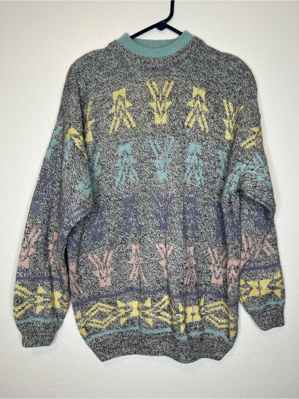 Vintage 80s Esprit Heather Gray and Pastel Sweater Crewneck Cozy Ski Preppy
